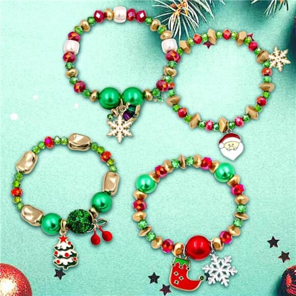 4 PCS Christmas Bracelet Set Santa Claus Snowflake Christmas Tree Beaded Stretch - Picture 3 of 8